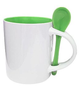 Caneca Reta para Sublimação de Cerâmica Branca com Alça. Interior e Colher Verde