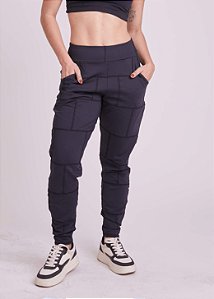 Calça Jogger Justa Quadrados Preta Upcycling