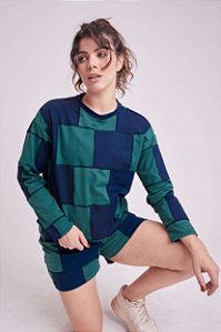 Moletom Quadrado Marinho e Verde Gola Careca Upcycling