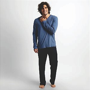 Pijama Masculino Manga Longa Algodão Azul/Azul Marinho Lupo