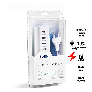 Régua Carregador de Tomada USB 20W com 4 Saídas e Cabo 1,5m Bivolt Elgin