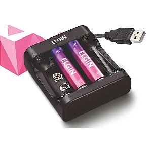 Carregador USB para Pilhas e Baterias com Cabo Micro USB Incluso + 2 Pilhas AA 1500mAh Recarregáveis Elgin