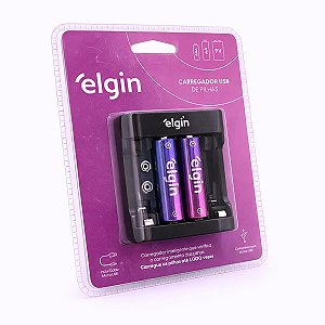 Carregador USB para Pilhas e Baterias com Cabo Micro USB Incluso + 2 Pilhas AA 1500mAh Recarregáveis Elgin