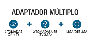 Adaptador de Tomada Múltiplo 2P+T + 2 USB