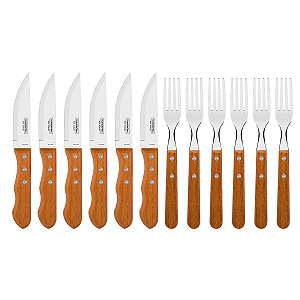Jogo de Talheres Churrasco Dynamic com Lâminas em Aço Inox e Cabos de Madeira Natural 12 Peças Tramontina