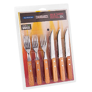 Jogo de Talheres Churrasco com Lâminas em Aço Inox e Cabos de Madeira Natural 12 Peças Tramontina