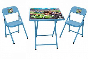 Conjunto Dobrável de Mesa e 2 Cadeiras Infantil em Aço - Azul Carros