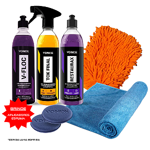 KIT LAVAGEM CARRO SHAMPOO V-FLOC CERA TOK FINAL RESTAURAX 500ml VONIXX