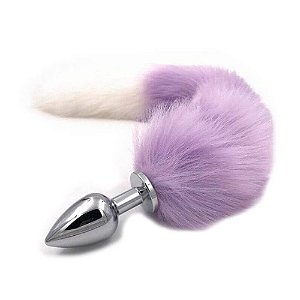 Plug Anal de Aço com Rabo de Raposa Artificial Roxo E Branco 38 Cm