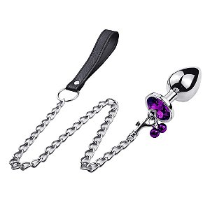 Plug Anal Em Aço Inoxidável Com Pingente De Sino E Corrente Com Joia Na Base Tamanho P 6,5 x 2,5 Cm