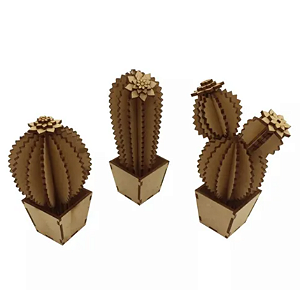Conjunto de Cactos em MDF Cru