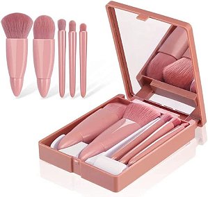 Estojo Kit Maquiagem Com Espelho 5 Pincéis Portátil Viagem Marrom