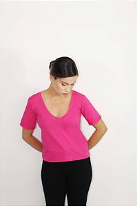 Camiseta Gola V (Reta) de Algodão Egípcio Cor Rosa Pink Merci