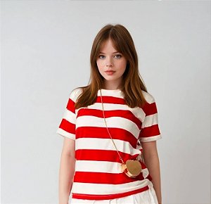 Camiseta de Algodão Sustentável Listras Náuticas Vermelha