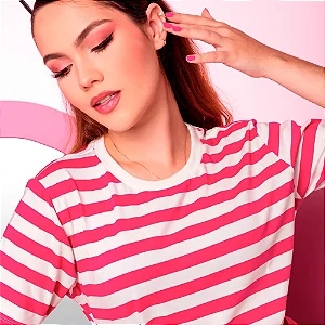 Camiseta de Algodão Sustentável Listras Náuticas Rosa