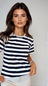 Camiseta de Algodão Sustentável Listras Náuticas Marinho