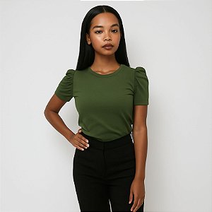 Camiseta Manga Princesa Gola Redonda de Algodão Egípcio Cor Verde Militar Merci