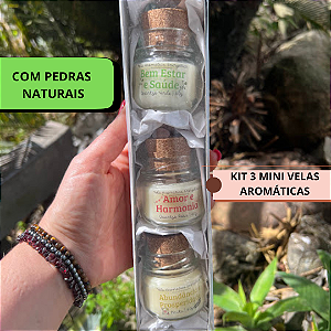 Kit mini Velas Aromáticas Energéticas AMOR E HARMONIA, BEM E ESTAR E SAÚDE E ABUNDÂNCIA E PROSPERIDADE com Pedras