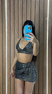 CONJUNTO SAIA NOZINHO PAETE PRATA ESCURO