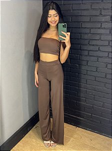 Conjunto Dani Marrom – Top Tube + Calça Pantalona com Fenda