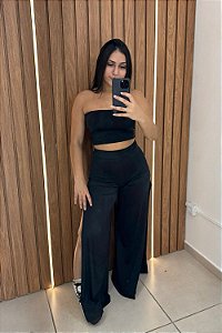 Conjunto  Dani Preto – Top Tube + Calça Pantalona com Fenda