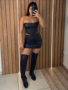 Conjunto couro preto Saia + Corset