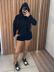 Conjunto Comfy preto - Shorts de moletom + Jaqueta moletom
