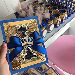 Convite Realeza Azul e Dourado