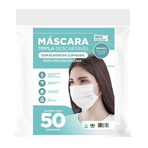 Máscara Descartavel Tripla c/ Elástico Branca C/ 50 Unidades