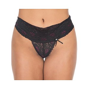 Calcinha Fio Dental Renda Dupla Preta Pimenta Sexy