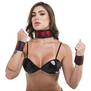 Kit Coleira Com Algemas Corações Sado Sexy Fantasy