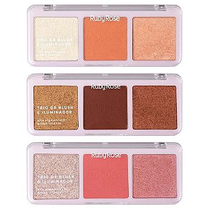Trio De Blush E Iluminador Brilho Intenso Ruby Rose