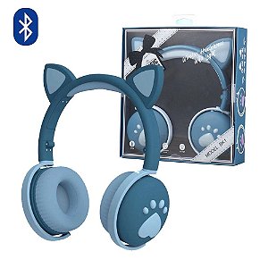 Fone de Ouvido Bluetooth Led Orelha Gato Infantil Headphone Azul