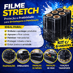 6 Bobinas Filme Stretch 500x0,25 Preto - 6 Rolos