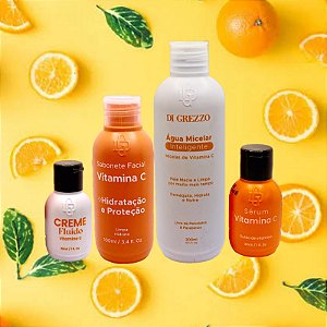 Kit Skin Care Vitamina C Para Todas as Peles Limpa Hidrata Demaquila Água Micelar- Sabonete- Sérum- Creme Di Grezzo