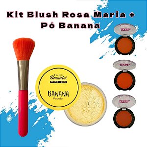 Kit Blush Compacto Alto Pigmentação  Rosa Maria + Pó Banana Translúcido Powder + Pincel para Make
