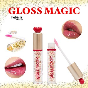 Gloss Mágico Febella, Batom Brilho Gold com Alta Durabilidade Glitter