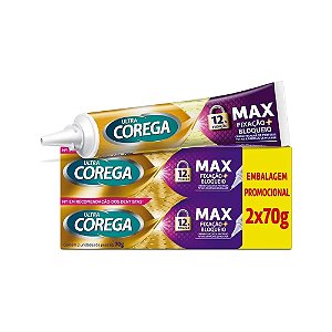 Creme Fixador De Dentadura Ultra Corega Max Fixação + Bloqueio Sem Sabor Com 2 Unidades De 70g Cada