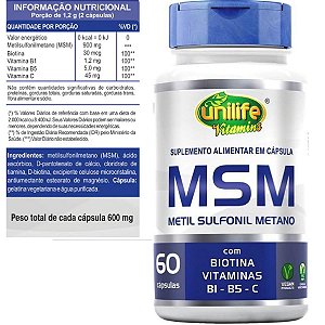 Suplemento Alimentar MSM Metil Sulfonil Metano 60 Cápsulas