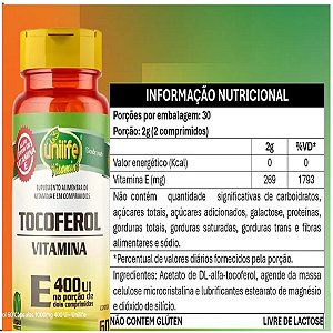 Suplemento Alimentar Vitamina E Tocoferol Unilife 1000mg 60 Comprimidos
