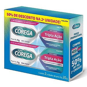 Kit Creme Fixador De Próteses Ultra Corega Tripla Ação Sem Sabor Com 2 Unidades De 20g Cada