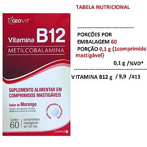 Suplemento Alimentar Vitamina B12 Meticobalamina Sabor Morango Geovit 60 Comprimidos Mastigáveis