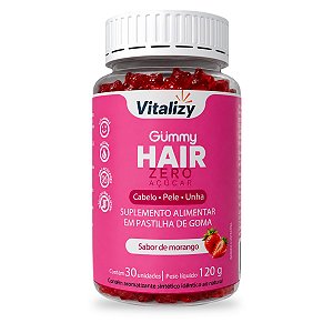 Gummy Hair Vitalizy Zero Açúcar Biotina Colágeno e Vitaminas para Cabelo e Pele 30 Unidades Sabor Morango