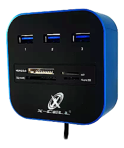 Hub USB e Leitor de Cartão 3 Portas USB + 4 Portas para Cartões XC- HUB-8 X-Cell Azul