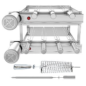 Churrasqueira Grill DUPLA Inox SEVEFORT 7 Espetos Giratórios + BRINDE Grelha Peixe / Frango