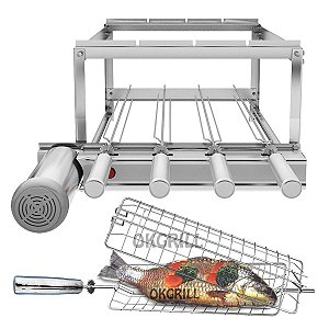 Churrasqueira Gira Grill 4 Espetos Inox + Espeto Grelha Peixe / Frango + Brinde