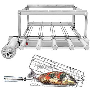 Churrasqueira Gira Grill 5 Espetos Inox + Espeto Grelha Peixe / Frango + Brinde