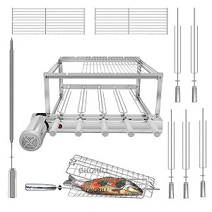 Churrasqueira Gira Grill 5 Espetos Inox + 2 Grelhas Modulares + Espeto Grelha Peixe / Frango + Brinde