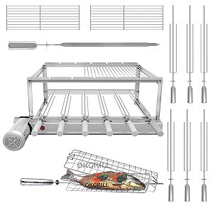 Churrasqueira Gira Grill 6 Espetos Inox + 2 Grelhas Modulares + Espeto Grelha Peixe / Frango + BRINDE