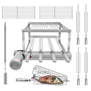 Churrasqueira Gira Grill 4 Espetos Inox + 2 Grelhas Modulares + Espeto Grelha Peixe / Frango + Brinde